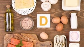 Various food sources of Vitamin D, including salmon, mushrooms, eggs, cheese, etc.