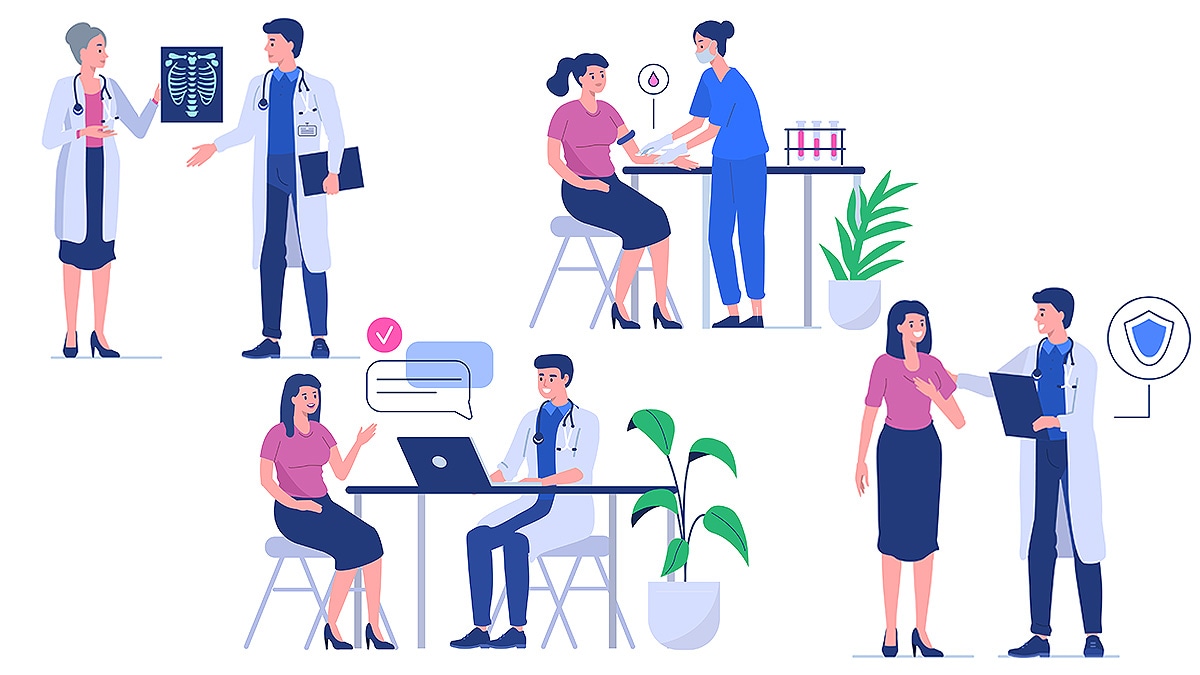 Illustration of four pairs of doctors and patient interacting from x-rays, to blood draw, to consultation.