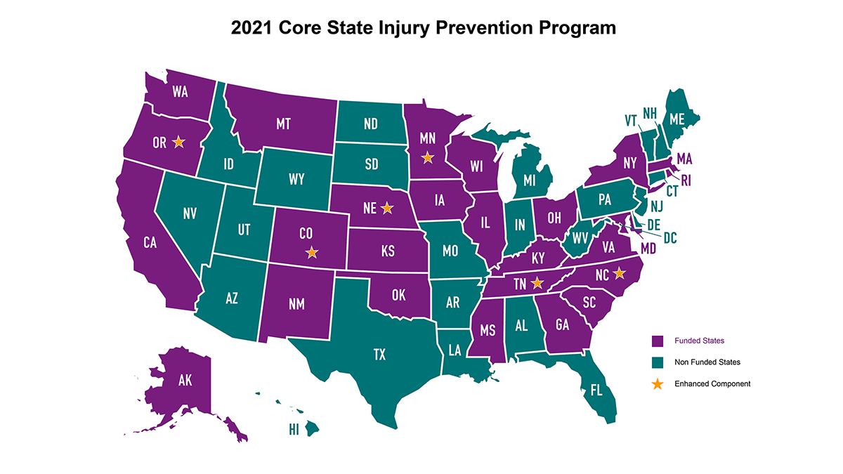 Core SIPP State Injury Prevention Program Funding Map 2021 Core State Injury Prevention Program map showing which of the 50 states are funded and unfunded, as well as funded states that have an enhanced component