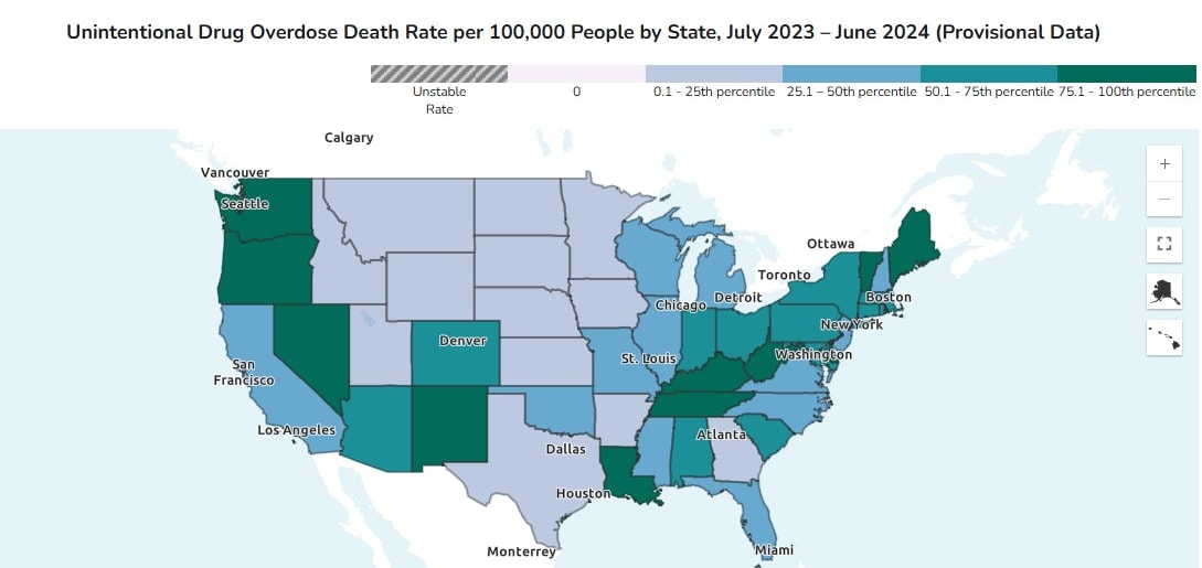 Map of the United States showing overdose deaths