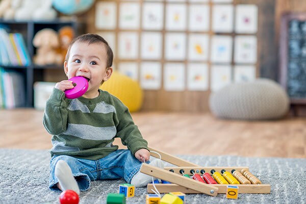 Baby boy sitting and putting a toy in his mouth.