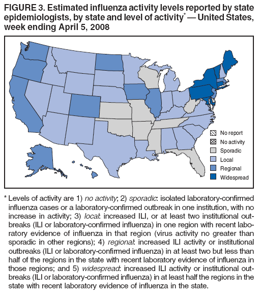 FIGURE 3. Estimated influenza activity levels reported by state
epidemiologists, by state and level of activity* � United States,
week ending April 5, 2008