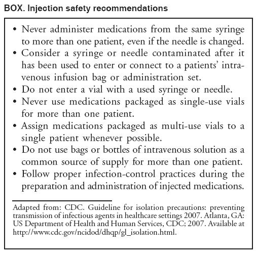 BOX. Injection safety recommendations
� Never administer medications from the same syringe
to more than one patient, even if the needle is changed.
� Consider a syringe or needle contaminated after it
has been used to enter or connect to a patients� intravenous
infusion bag or administration set.
� Do not enter a vial with a used syringe or needle.
� Never use medications packaged as single-use vials
for more than one patient.
� Assign medications packaged as multi-use vials to a
single patient whenever possible.
� Do not use bags or bottles of intravenous solution as a
common source of supply for more than one patient.
� Follow proper infection-control practices during the
preparation and administration of injected medications.
Adapted from: CDC. Guideline for isolation precautions: preventing
transmission of infectious agents in healthcare settings 2007. Atlanta, GA:
US Department of Health and Human Services, CDC; 2007. Available at
http://www.cdc.gov/ncidod/dhqp/gl_isolation.html.