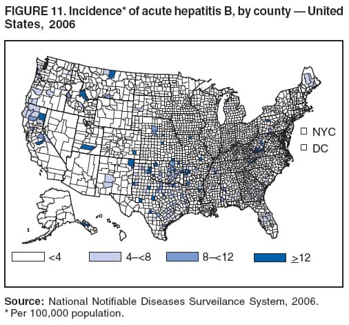 FIGURE 11. Incidence* of acute hepatitis B, by county � United
States, 2006