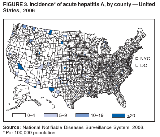 FIGURE 3. Incidence* of acute hepatitis A, by county � United
States, 2006