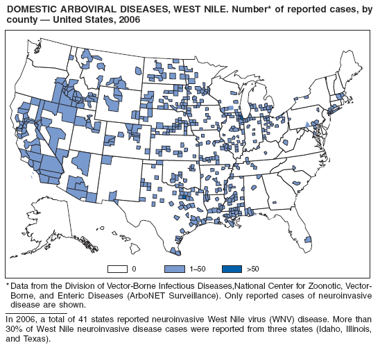 DOMESTIC ARBOVIRAL DISEASES, WEST NILE. Number* of reported cases, by county � United States, 2006