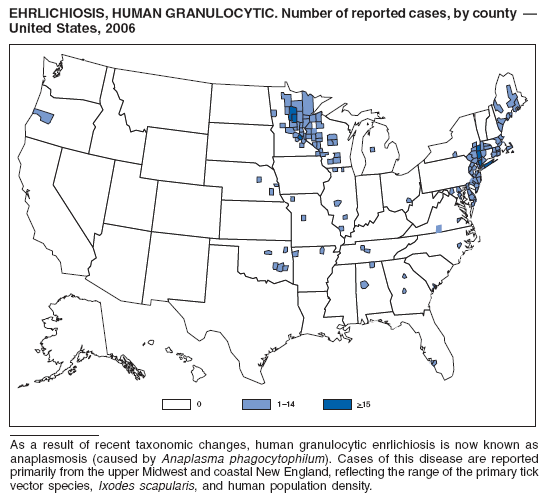 EHRLICHIOSIS, HUMAN GRANULOCYTIC. Number of reported cases, by county � United States, 2006