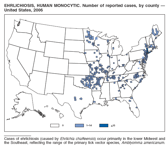 EHRLICHIOSIS, HUMAN MONOCYTIC. Number of reported cases, by county �
United States, 2006