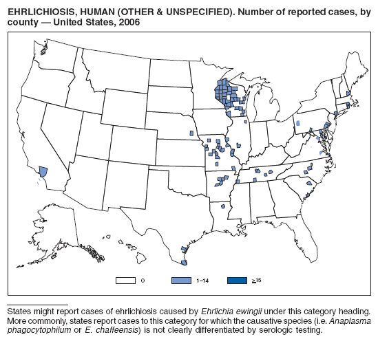 EHRLICHIOSIS, HUMAN (OTHER & UNSPECIFIED). Number of reported cases, by
county � United States, 2006