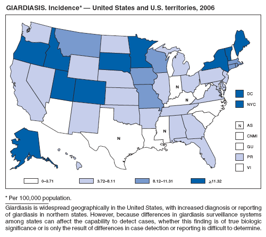 GIARDIASIS. Incidence* � United States and U.S. territories, 2006