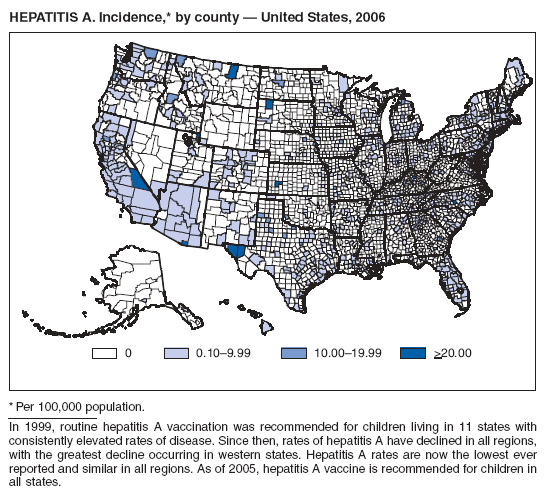 HEPATITIS A. Incidence,* by county � United States, 2006