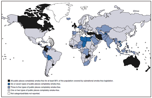 The figure shows countries with smoke-free public places in 2008, worldwide. In 2007, only 11 countries had national laws prohibiting smoking in public places: Botswana, France, Iran, Ireland, Italy, New Zealand, Niger, Norway, Sweden, United Kingdom, and Uruguay. In 2008, nearly all countries had local, state, or national laws making at least one or two public places completely smoke-free, and at least a dozen banned smoking in all public places for at least 90% of the population. 