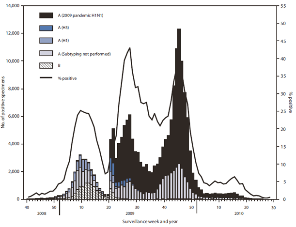 The figure shows the number and percentage of respiratory specimens testing positive for influenza, by type, weekly national summary during August 30, 2008 - June 12, 2010. During August 30, 2009-June 12, 2010, World Health Organization (WHO) and National Respiratory and Enteric Virus Surveillance System (NREVSS) collaborating laboratories in the United States tested 468,218 specimens for influenza viruses; 91,152
(19.5%) were positive.
