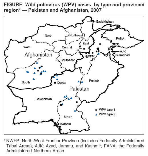 FIGURE. Wild poliovirus (WPV) cases, by type and province/
region* � Pakistan and Afghanistan, 2007