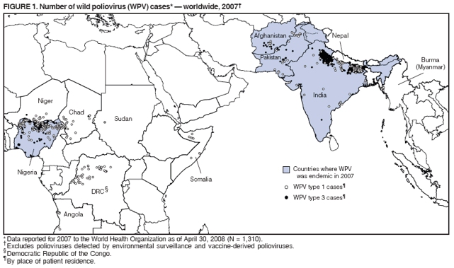 FIGURE 1. Number of wild poliovirus (WPV) cases* � worldwide, 2007�