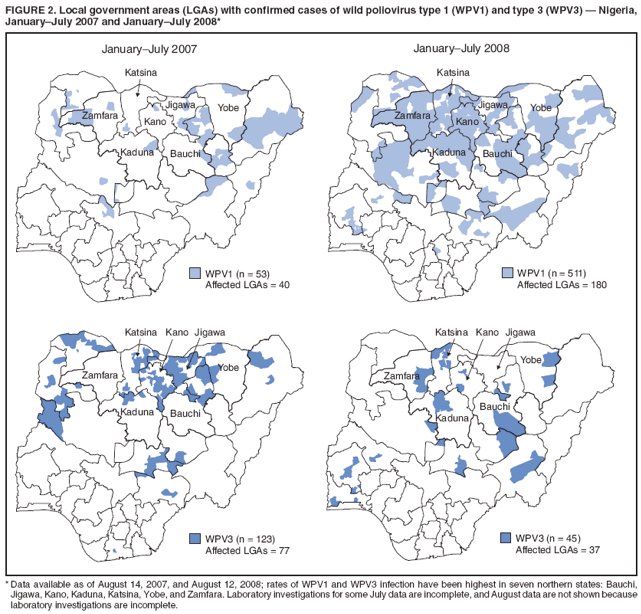 FIGURE 2. Local government areas (LGAs) with confirmed cases of wild poliovirus type 1 (WPV1) and type 3 (WPV3) � Nigeria,
January�July 2007 and January�July 2008*