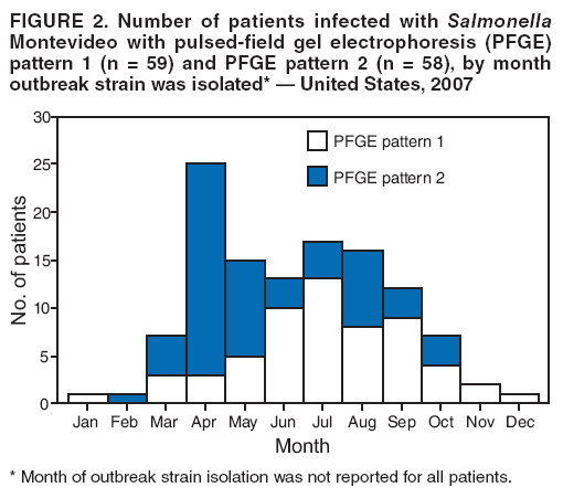 FIGURE 2. Number of patients infected with Salmonella Montevideo with pulsed-field gel electrophoresis (PFGE) pattern 1 (n = 59) and PFGE pattern 2 (n = 58), by month outbreak strain was isolated* � United States, 2007