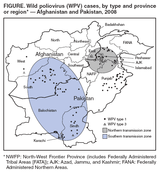 FIGURE. Wild poliovirus (WPV) cases, by type and province or region* � Afghanistan and Pakistan, 2008