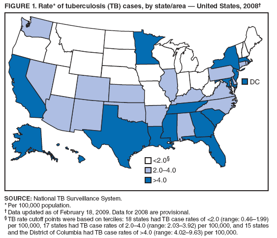 FIGURE 1. Rate* of tuberculosis (TB) cases, by state/area � United States, 2008�