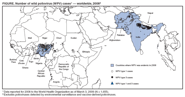 FIGURE. Number of wild poliovirus (WPV) cases* � worldwide, 2008�