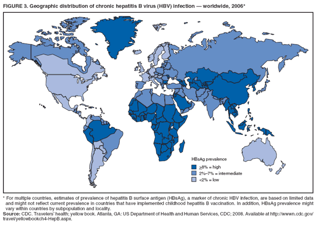 FIGURE 3. Geographic distribution of chronic hepatitis B virus (HBV) infection � worldwide, 2006*