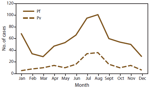 Graph of the number of malaria cases by species and month, for 2010