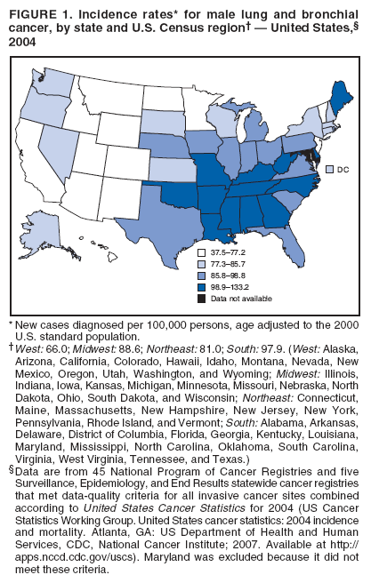 FIGURE 1. Incidence rates* for male lung and bronchial
cancer, by state and U.S. Census region� � United States,�
2004