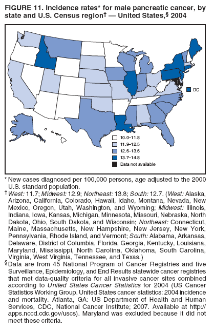 FIGURE 11. Incidence rates* for male pancreatic cancer, by
state and U.S. Census region� � United States,� 2004
