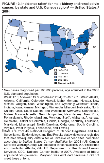 FIGURE 13. Incidence rates* for male kidney and renal pelvis
cancer, by state and U.S. Census region� � United States,�
2004