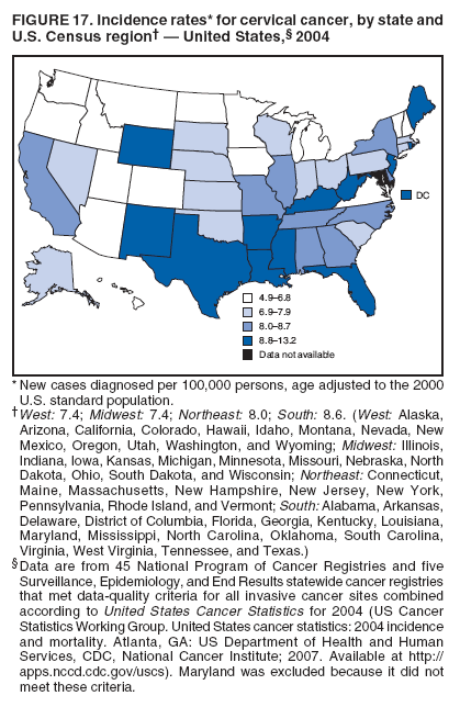 FIGURE 17. Incidence rates* for cervical cancer, by state and
U.S. Census region� � United States,� 2004