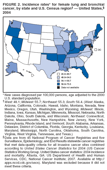 FIGURE 2. Incidence rates* for female lung and bronchial
cancer, by state and U.S. Census region� � United States,�
2004