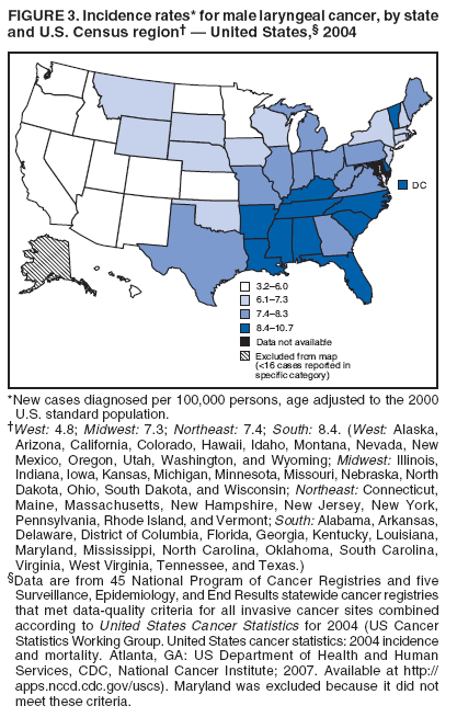 FIGURE 3. Incidence rates* for male laryngeal cancer, by state
and U.S. Census region� � United States,� 2004