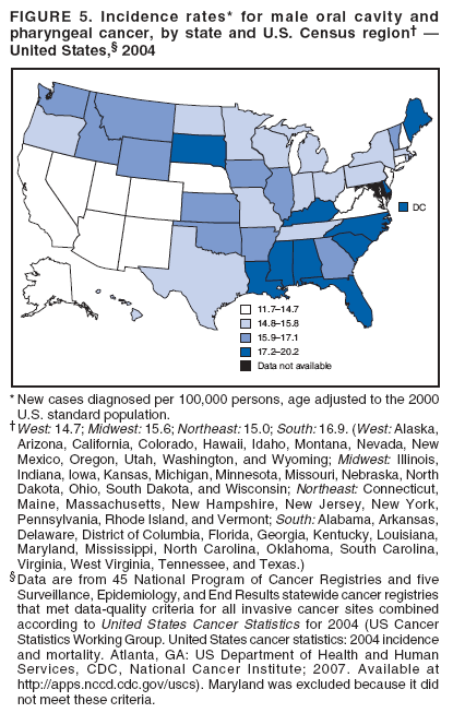 FIGURE 5. Incidence rates* for male oral cavity and
pharyngeal cancer, by state and U.S. Census region� �
United States,� 2004