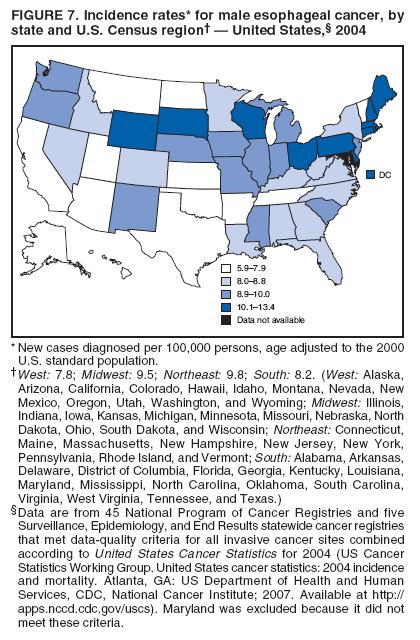 FIGURE 7. Incidence rates* for male esophageal cancer, by
state and U.S. Census region� � United States,� 2004