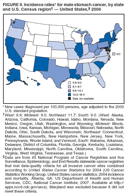 FIGURE 9. Incidence rates* for male stomach cancer, by state
and U.S. Census region� � United States,� 2004