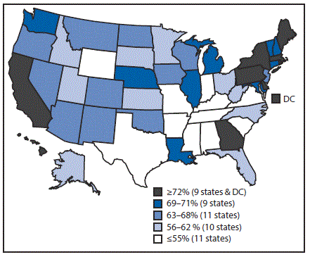 m6633a2f2 The figure above is a map of the United States showing estimated vaccination coverage of ≥1 dose of human papillomavirus vaccine among female adolescents aged 13–17 years by state during 2016, based on data from the National Immunization Survey–Teen.