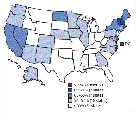 m6633a2f3 The figure above is a map of the United States showing estimated vaccination coverage of ≥1 dose of human papillomavirus vaccine among male adolescents aged 13–17 years, by state during 2016, based on data from the National Immunization Survey–Teen.