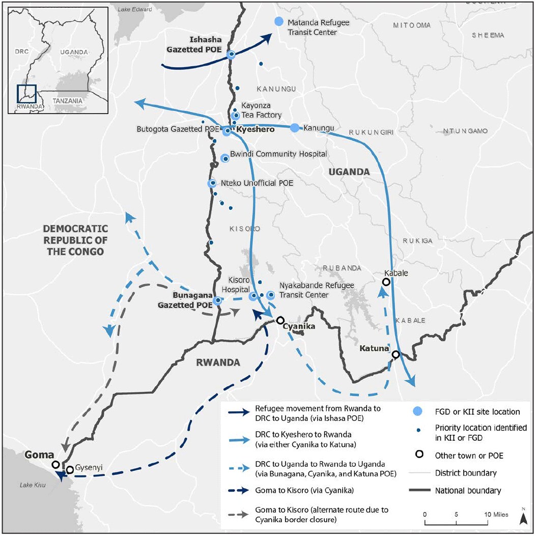 The figure is a map showing population movement pathways and points of interest from 12 Population Connectivity Across Borders events in Kanungu and Kisoro districts, Uganda, during March 2019.