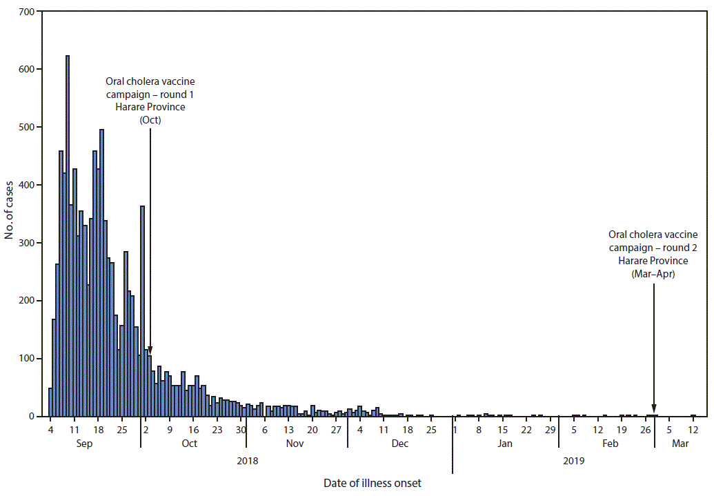 The figure is a histogram, an epidemiologic curve showing the number of suspected and confirmed cholera cases in Zimbabwe during September 2018–March 2019.