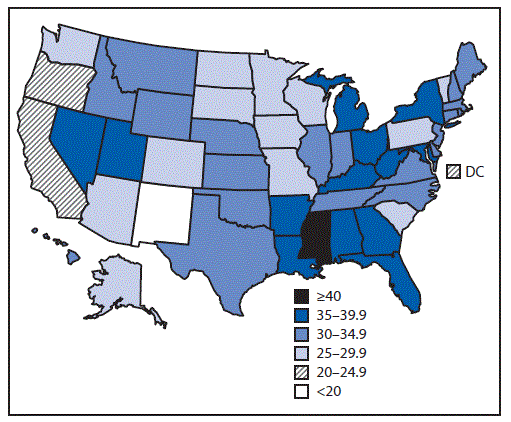 The figure is a map of the United States showing the percentage of children introduced to complementary foods before age 4 months among children aged 1–5 years in the United States during 2016–2018 according to the National Survey of Children's Health.