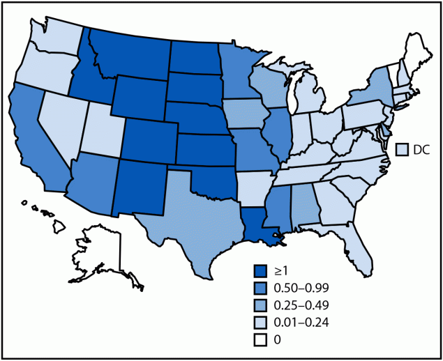 The figure is a map of the United States illustrating the incidence of confirmed and probable cases of neuroinvasive West Nile virus disease, by state, in the United States during 2023.