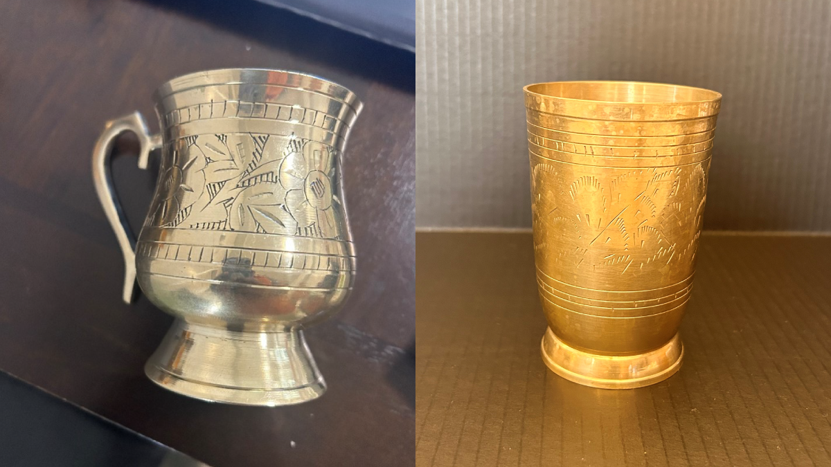 The image is a photo of a bronze metal cup and a brass metal cup.