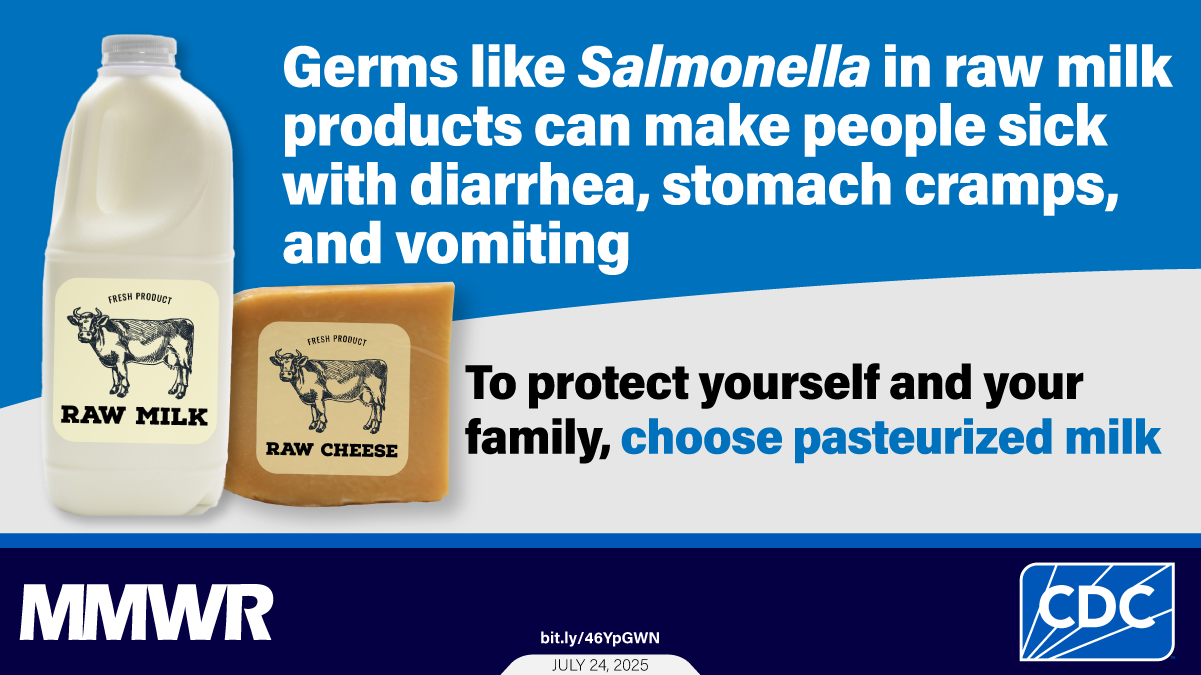 The graphic shows a half gallon of raw milk and a block of raw cheese. Text reads, “Germs like Salmonella in raw milk products can make people sick with diarrhea, stomach cramps, and vomiting. To protect yourself and your family, choose pasteurized milk.”