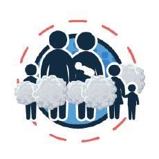 intro04 A cartoon icon of a family of 6 (two adults, two children, one toddler, and one baby) with smoke around them.
