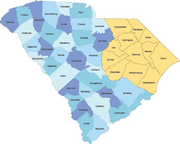 Map of South Carolina with the Pee Dee region highlighted