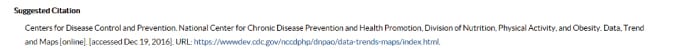 Screen capture of new Data, Trends, and Maps Suggested Citation section. The Suggested Citation section provides citation information for the data displayed on the page.