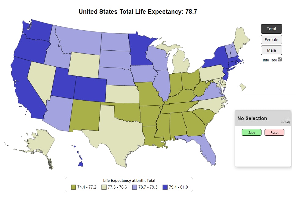 U.S. Life Expectancy at Birth by State and Sex for 2021