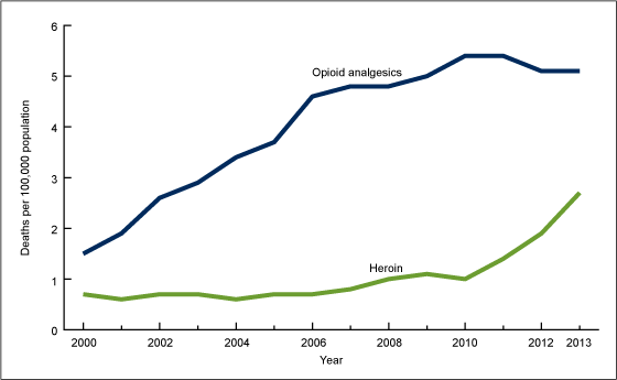 Figure 1 is a line graph showing age-adjusted rates for drug poisoning deaths involving opioid analgesics or heroin from 2000 through 2013.