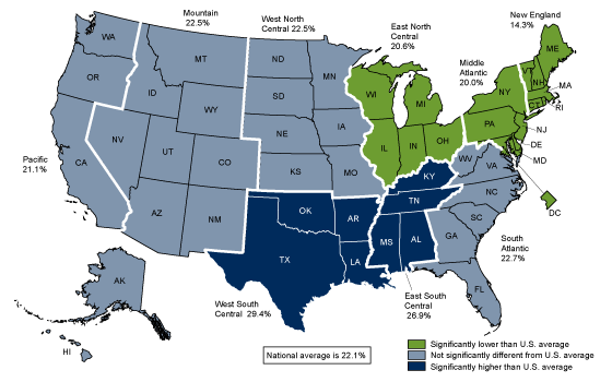 Figure 2 is a map showing the percentage of dentate adults aged 18 through 64 with dental care coverage who did not see a dentist in the past 12 months by region from 2014 through 2017