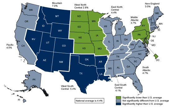 Figure 3 is a map showing the percentage of dentate adults aged 18 through 64 with dental coverage who needed dental care but couldn't afford it in the past 12 months by region from 2014 through 2017 